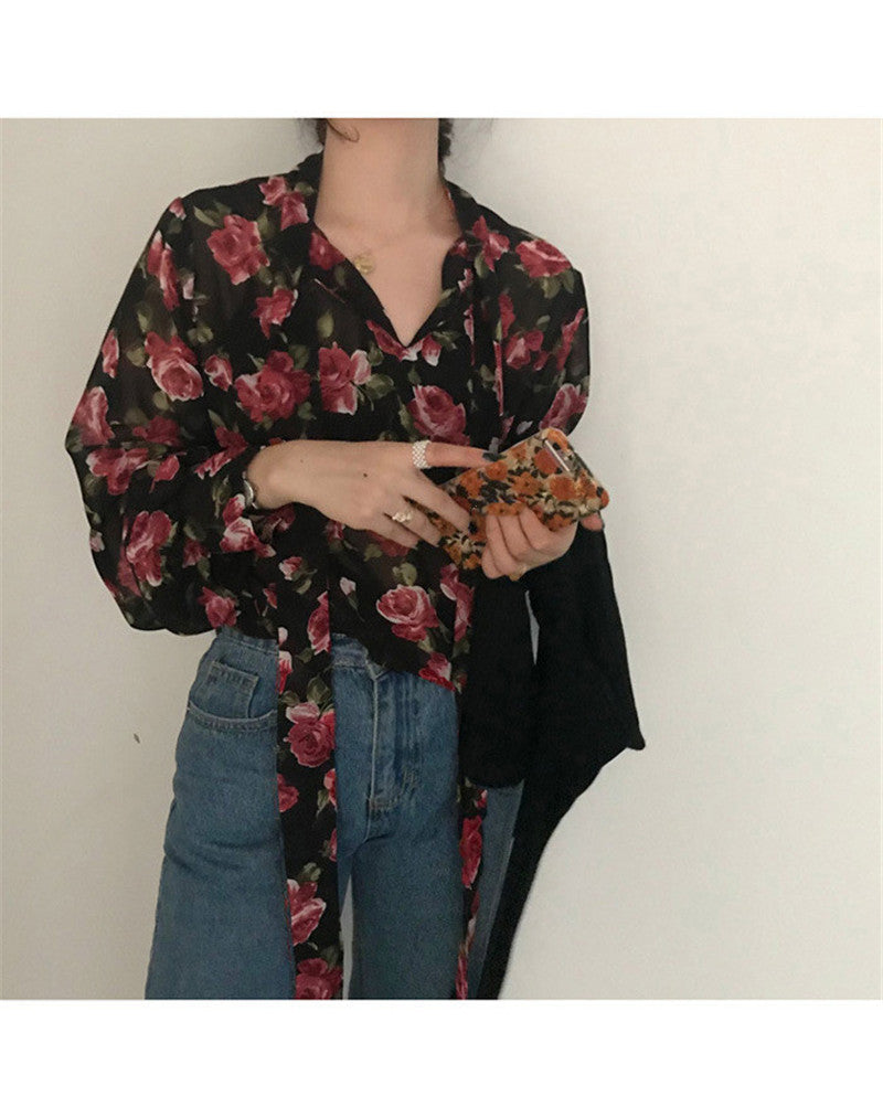 Women Retro Floral  Female Shirt