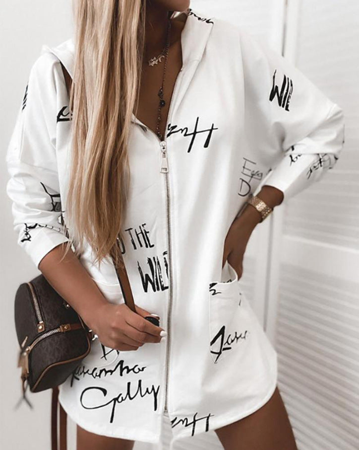 Letter Print Zipper Hoodie Windbreaker Jacket Women