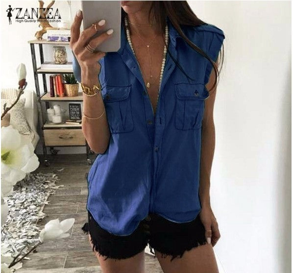 Women Vintage Buttons Pockets Blouses Sexy Sleeveless Jeans Denim Blue Shirts