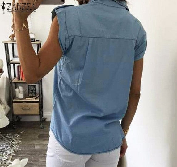 Women Vintage Buttons Pockets Blouses Sexy Sleeveless Jeans Denim Blue Shirts