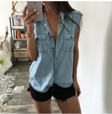 Women Vintage Buttons Pockets Blouses Sexy Sleeveless Jeans Denim Blue Shirts