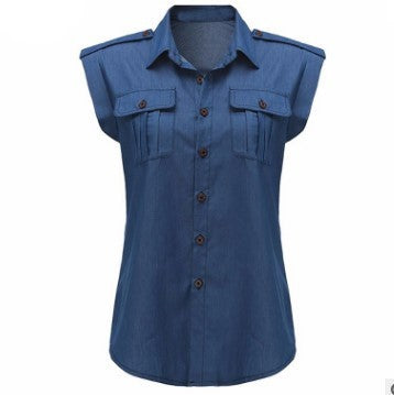 Women Vintage Buttons Pockets Blouses Sexy Sleeveless Jeans Denim Blue Shirts