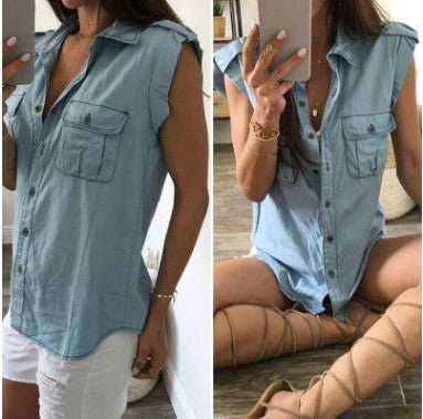 Women Vintage Buttons Pockets Blouses Sexy Sleeveless Jeans Denim Blue Shirts