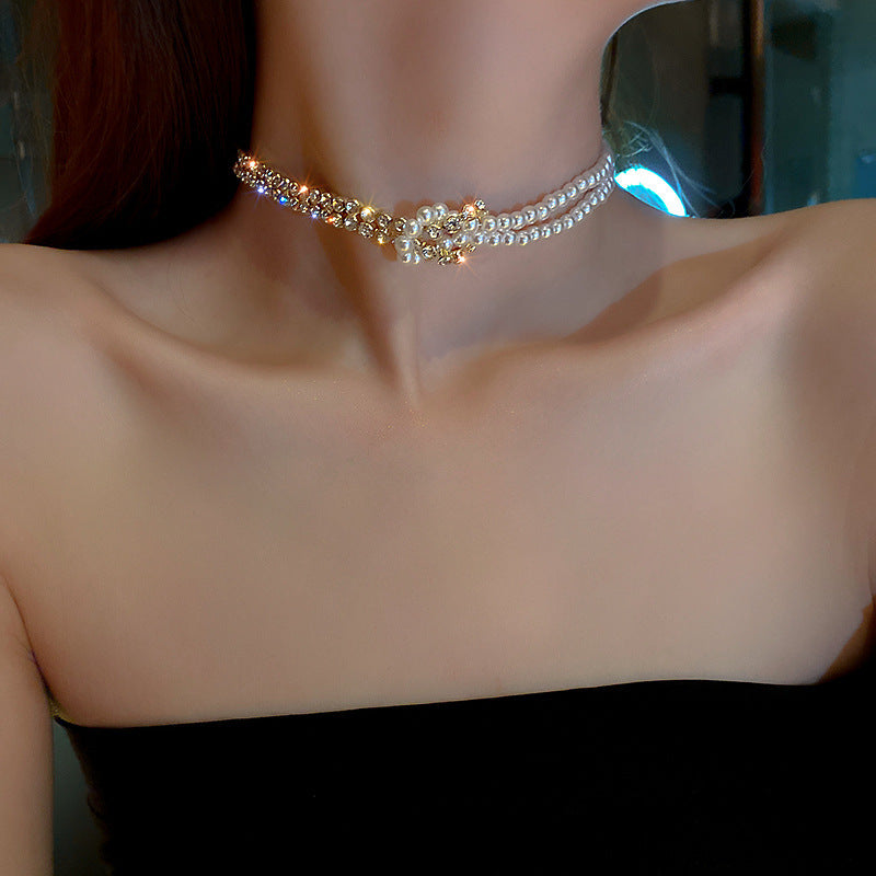 "Pearl & Crystal Choker Necklace for Women - Short Chain Rhinestone Statement Jewelry"