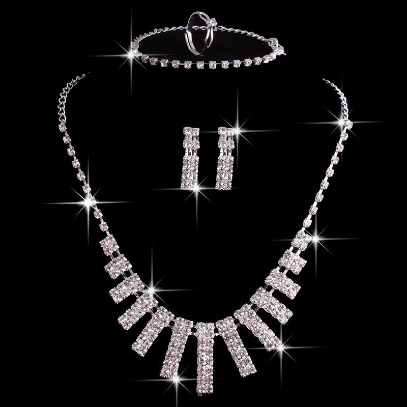 4-Piece Rhinestone Necklace Set with Earrings, Ring, and Bracelet - Fashion Jewelry for Women