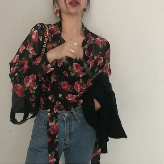 Women Retro Floral  Female Shirt