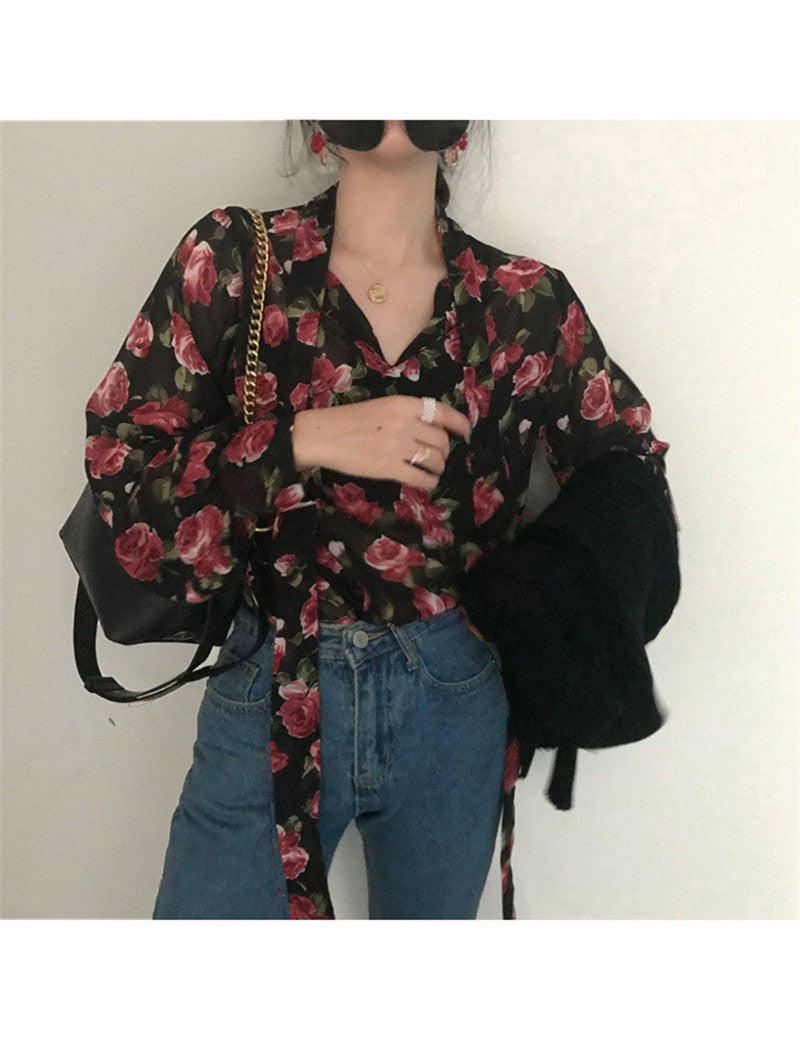 Women Retro Floral  Female Shirt